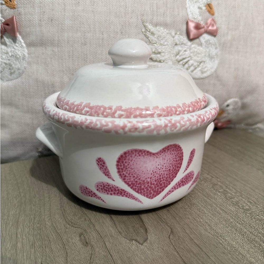 (#1) Vintage Corelle Pink Heart Spongeware Mini Casserole Dish w/ Lid